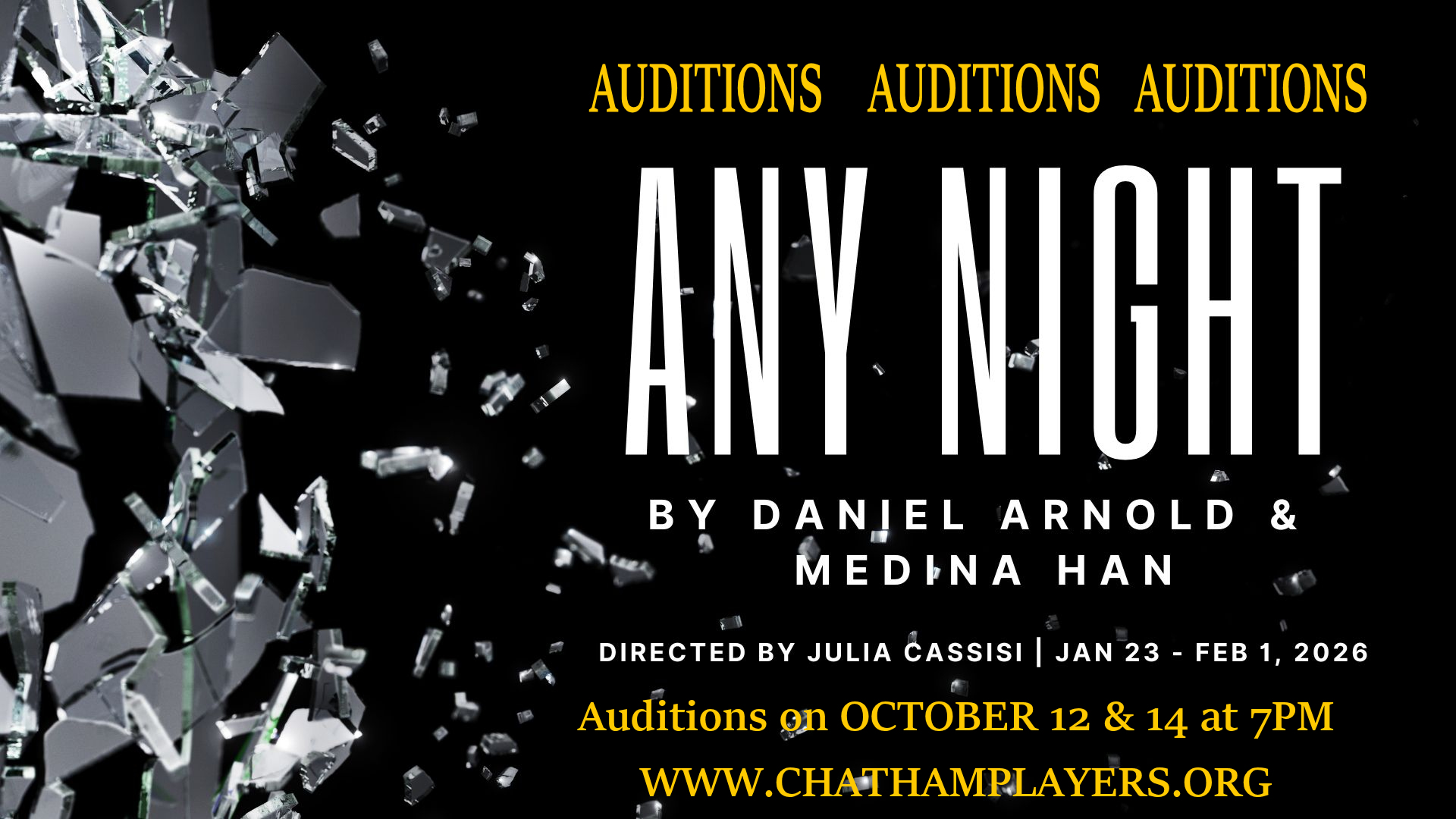 Auditions for "Any Night" by Daniel Arnold & Medina Han - Oct 12 & 14